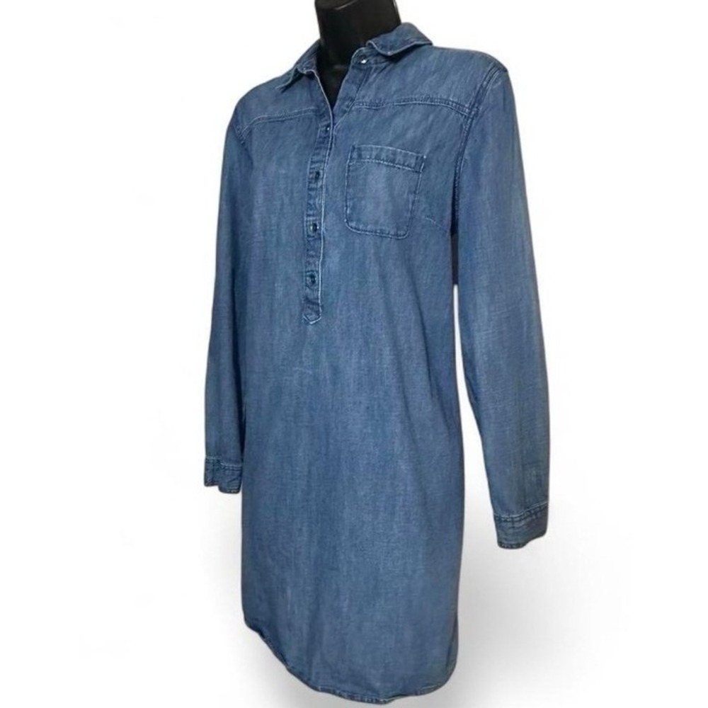 Chambray Shirt Style Mini Dress with Pockets Medium